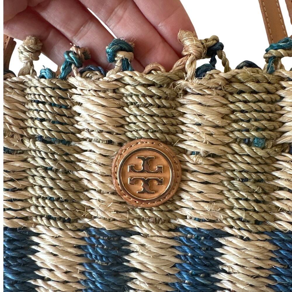 Tory Burch Ella Straw Tote Blue Striped Boho Beach Bag - Picture 3 of 10